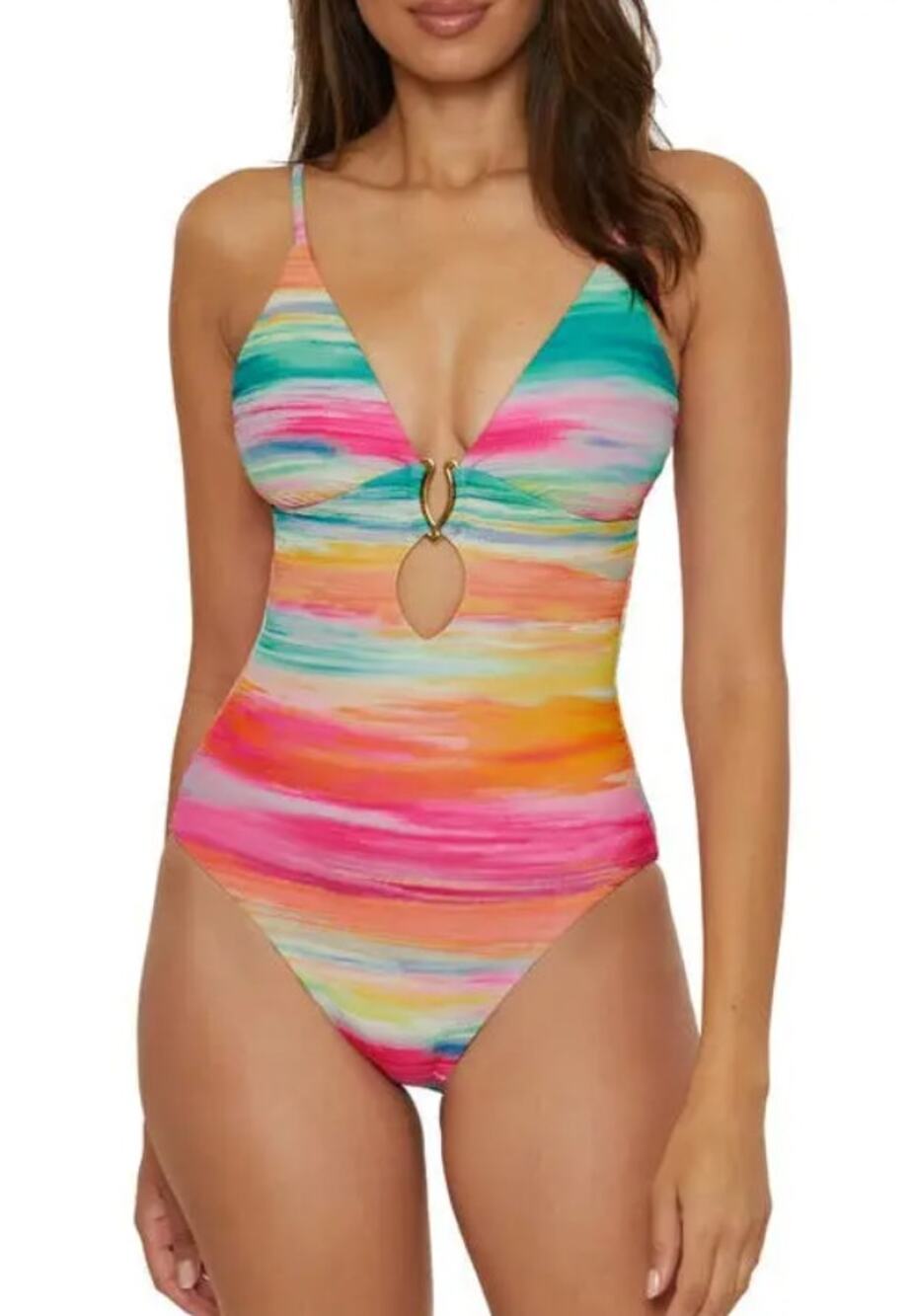 BECCA Women's Verano Plunge Neck One Piece Swimsuit Medium Pink Yellow NWT
